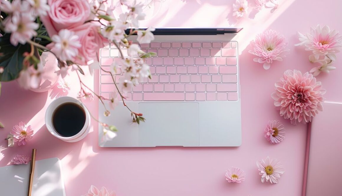 Flat lay laptop is on a table with a cup of coffee and a vase of flowers. Peaceful and relaxing, with the flowers