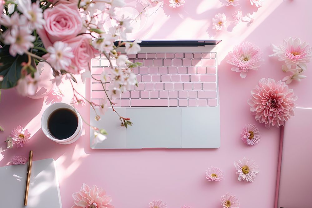 Flat lay laptop is on a table with a cup of coffee and a vase of flowers. Peaceful and relaxing, with the flowers